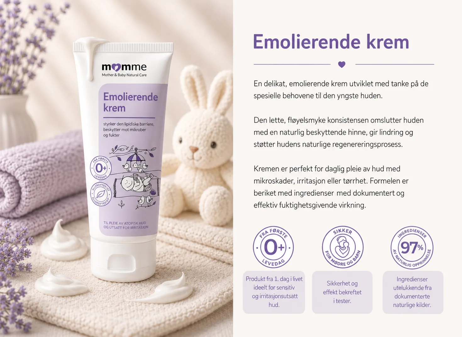 MomMe Emolientsmør – nærende smør for tørr og sensitiv barnehud info