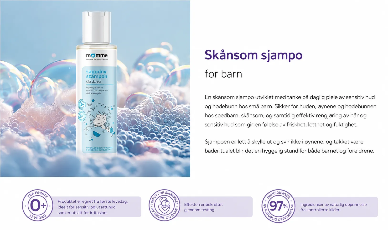 MomMe skånsom barneshampoo – naturlig formel for sensitiv hodebunn info