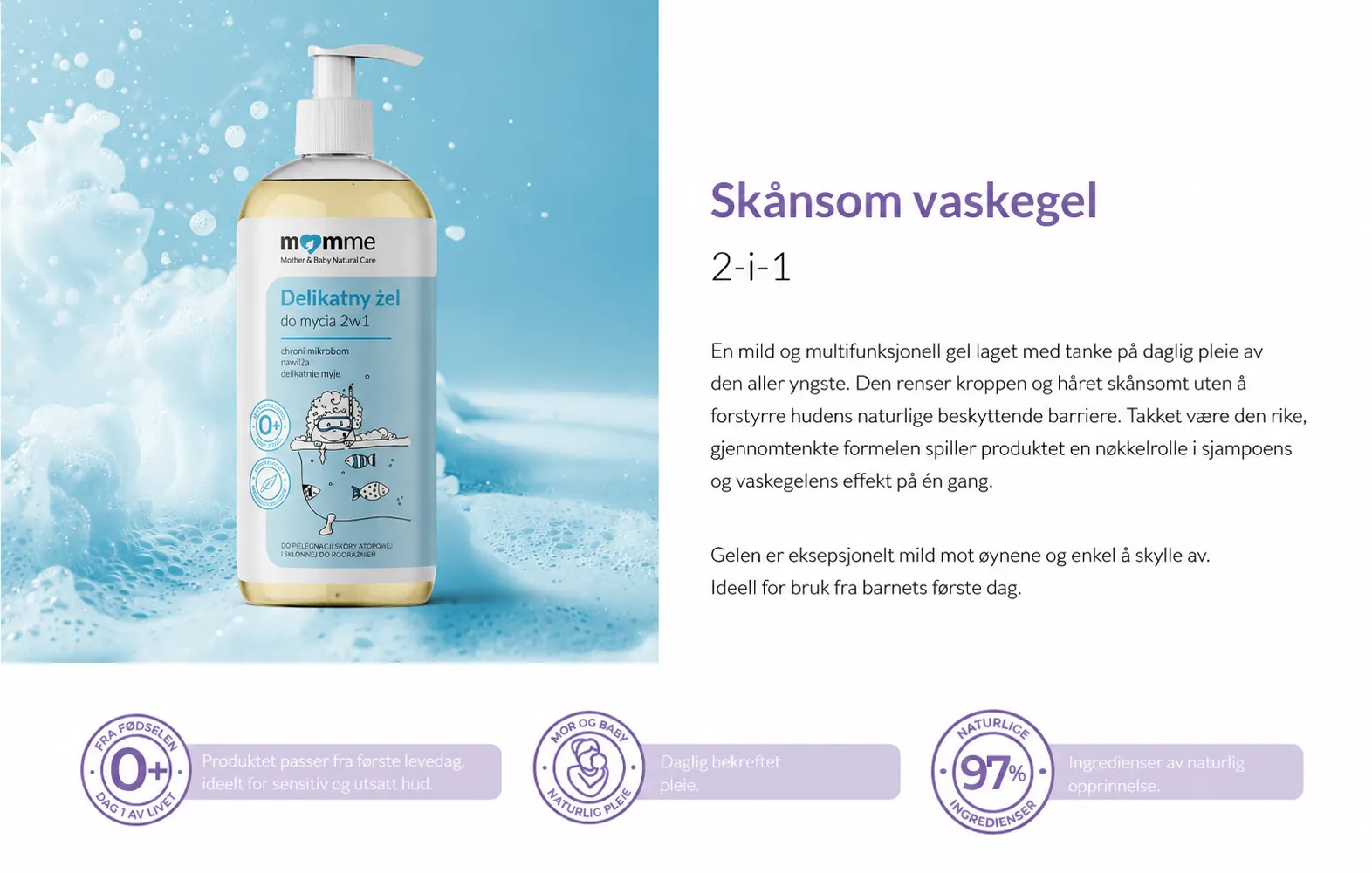 MomMe skånsom vaskegel 2-i-1 – renser kropp og hår i ett steg om