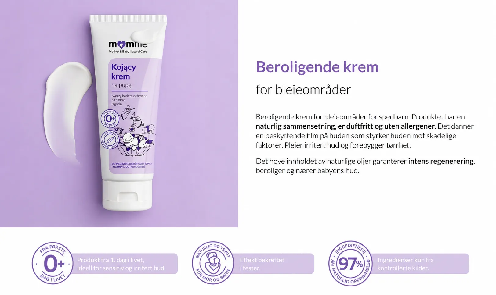 MomMe beroligende rumpe-krem for baby – beskytter mot bleieutslett info