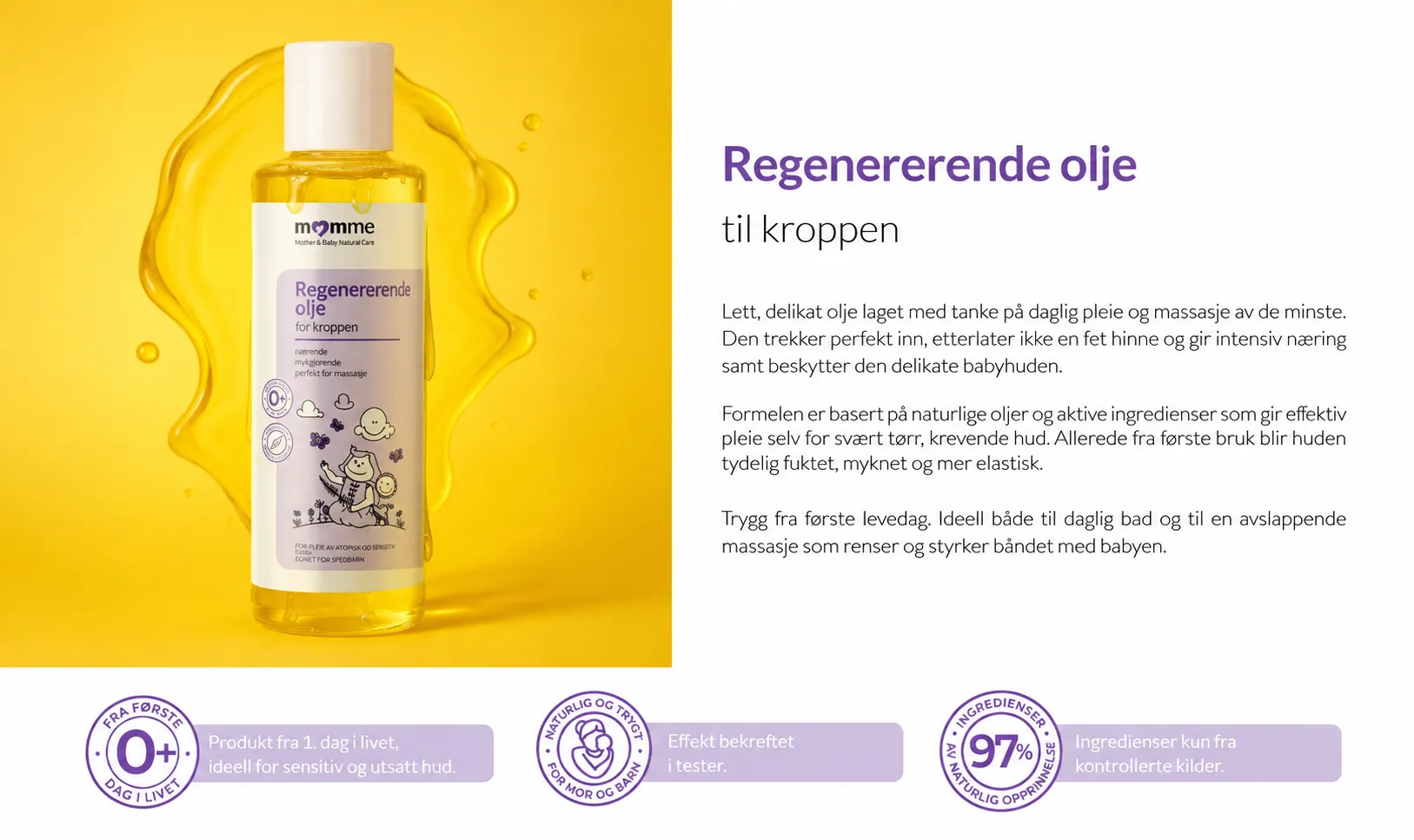 MomMe regenererende kroppsolje for barn og spedbarn – perfekt til massasje info