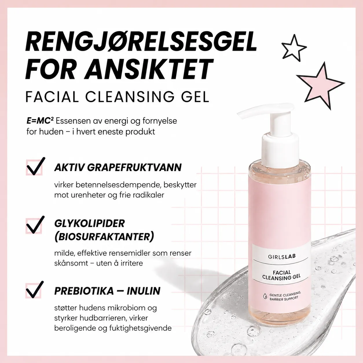 GirlsLab Facial Cleansing Gel med grapefruktekstrakt og glykolipider ingredienser